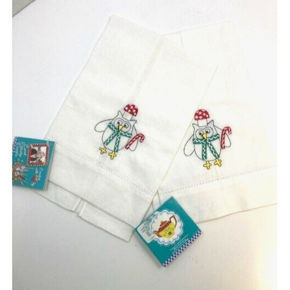 Pair of Embroidered Christmas Owl Mushroom Tea Towels NWT Carol Eldridge